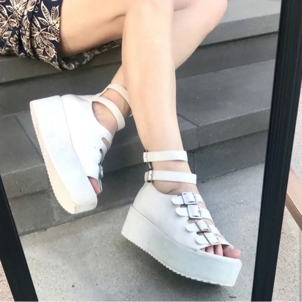 YRU Chunky Platform SANDALS strappy white buckles wedges Heels Y2K 90s Mirage 10